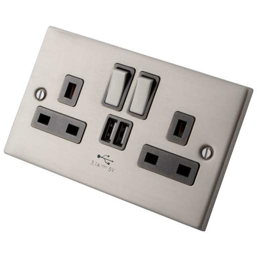 M2 Decorative 13A 2 Gang Switched Socket Twin USB Outlets Grey Insert Brushed Stainless Steel