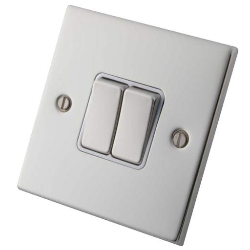 M2 Decorative 10A 2 Gang 2 Way Light Switch Metal / White Insert Polished Stainless Steel