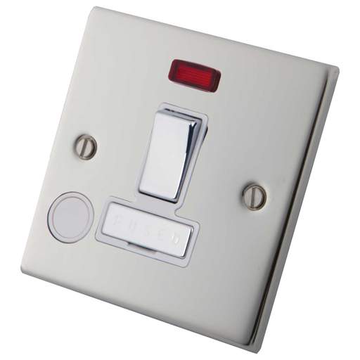 M2 Decorative 13A Switched Fused Spur With Neon Indicator and Flex Outlet White Insert Polished Stainless Steel