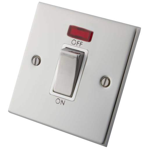 M2 Decorative 45A DP 1 Gang Switch With Neon Indicator White Insert Polished Stainless Steel