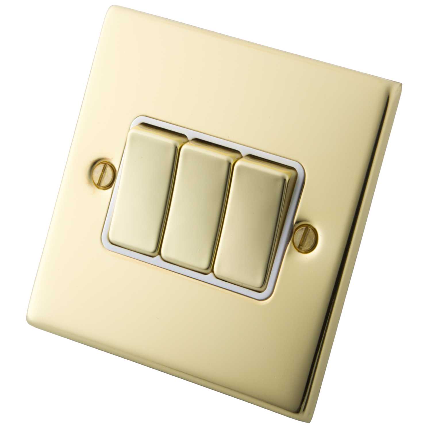 M2 Decorative 10A 3 Gang 2 Way Light Switch White Insert Polished Brass