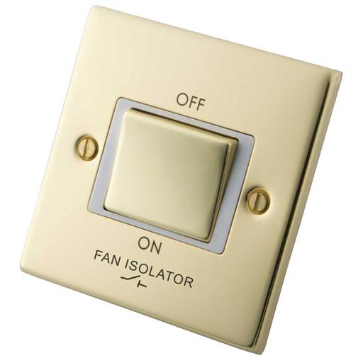 M2 Decorative 10A Triple Pole Fan Isolator White Insert Polished Brass
