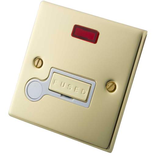 M2 Decorative 13A Unswitched Fused Spur With Neon Indicator and Flex Outlet White Insert Polished Brass