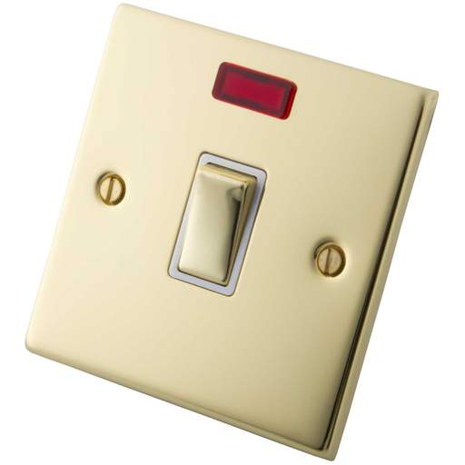 M2 Decorative 20A DP Switch with Neon Indicator White Insert Polished Brass