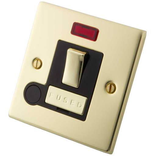 M2 Decorative 13A Switched Fused Spur With Neon Indicator and Flex Outlet Black Insert Polished Brass