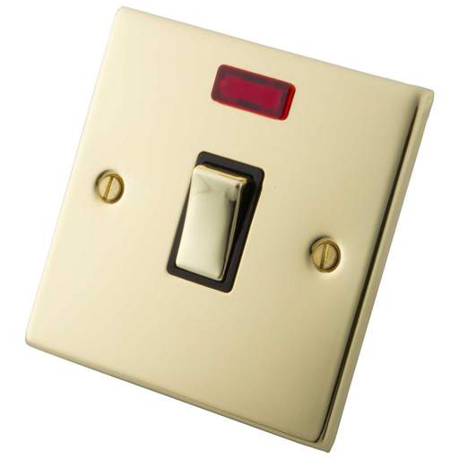 M2 Decorative 20A DP Switch with Neon Indicator Black Insert Polished Brass
