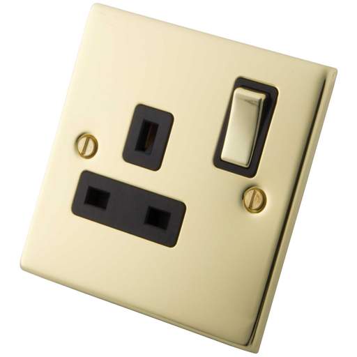 M2 Decorative 13A 1 Gang Switched Socket Black Insert Polished Brass