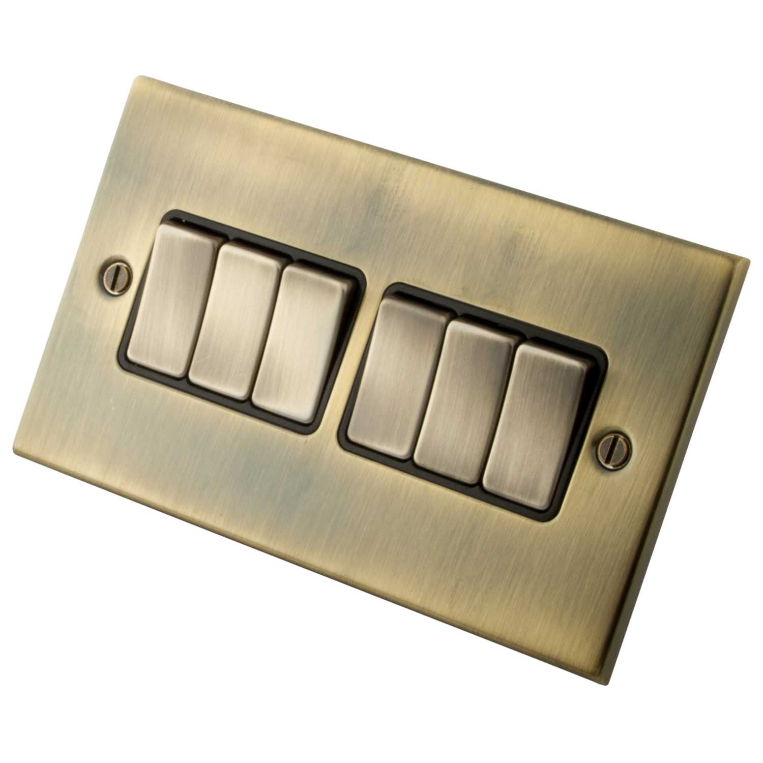 M2 Decorative 10A 6 Gang 2 Way Light Switch Black Insert Antique Brass