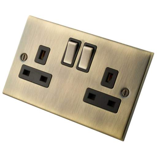 M2 Decorative 13A 2 Gang Double Switched Socket Black Insert Antique Brass