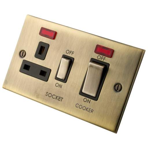 M2 Decorative 45A Cooker Control Unit With Neon Indicator Black Insert Antique Brass