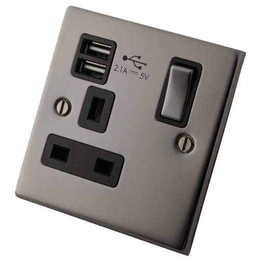 M2 Decorative 13A 1 Gang Switched Socket with Twin USB Outlets Black Insert Black Nickel