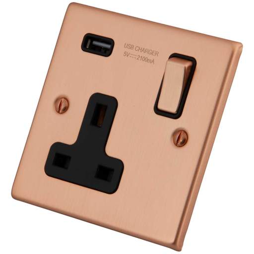 M2 Decorative 13A 1 Gang Switched Socket with USB Outlet Black Insert Copper