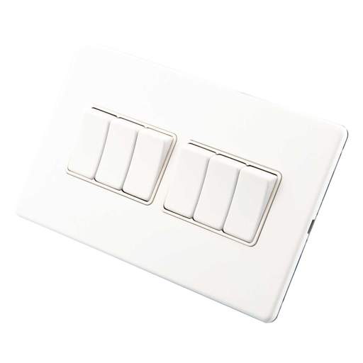 M2 Decorative Screwless 10A 6 Gang 2 Way Light Switch White Insert Painted Matt White