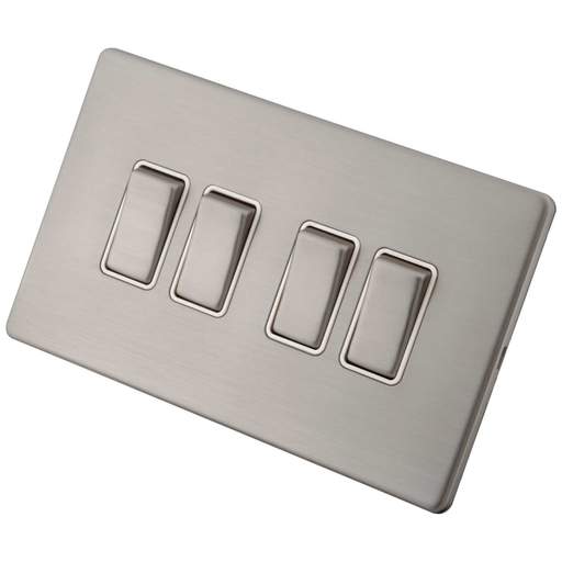 M2 Decorative Screwless 10A 4 Gang 2 Way Light Switch White Insert Brushed Stainless Steel