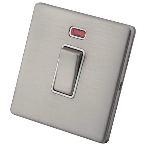 M2 Decorative Screwless 45A DP 1 Gang Switch with Neon White Insert Brushed Stainless Steel