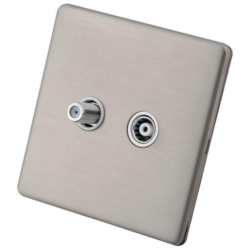 M2 Decorative Screwless 1 Gang Satellite and Coaxial Socket White Insert Brushed Stainless Steel