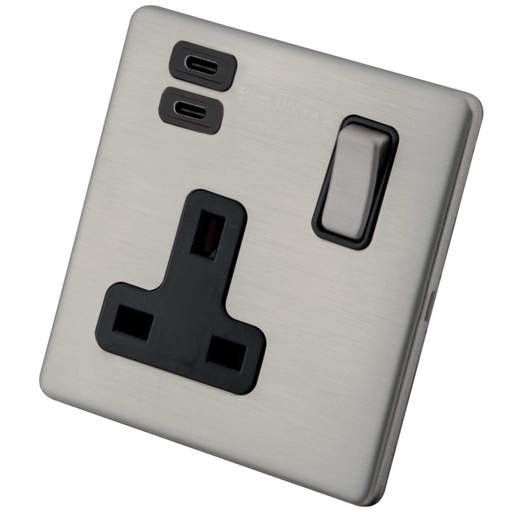 M2 Decorative Screwless 13A 1 Gang Switched Socket 2 x Type C USB Black ...