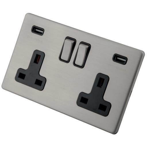 M2 Decorative Screwless 13A 2 Gang Switched Socket with USB Black Insert Brushed Stainless Steel
