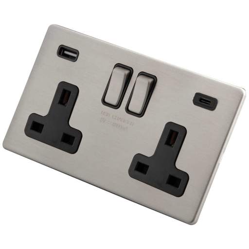 M2 Decorative Screwless 13A 2 Gang Socket 1 x Type A and 1 x Type C Black Insert Brushed Stainless Steel