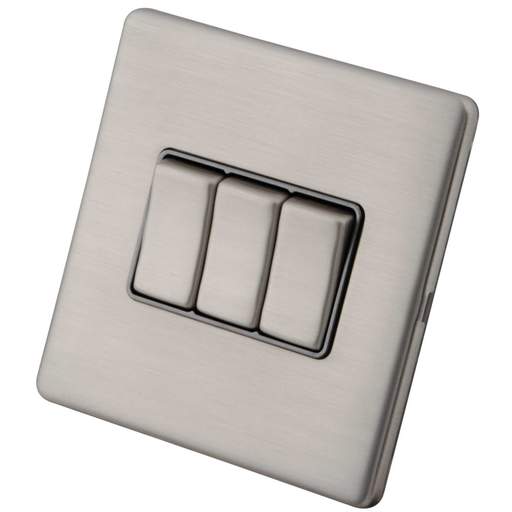 M2 Decorative Screwless 10A 3 Gang 2 Way Light Switch Grey Insert Brushed Stainless Steel