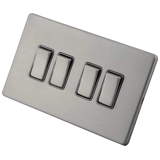 M2 Decorative Screwless 10A 4 Gang 2 Way Light Switch Grey Insert Brushed Stainless Steel