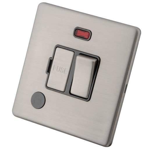 M2 Decorative Screwless 13A Switched Fused Spur with Neon and F/Outlet Grey Insert Brushed Stainless