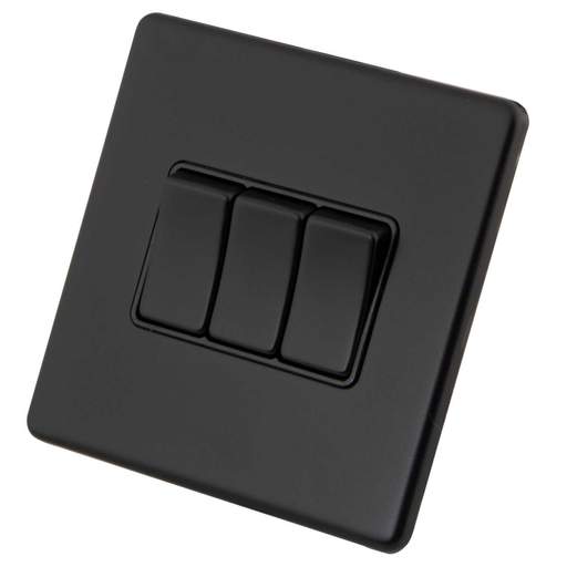 M2 Decorative Screwless 10A 3 Gang 2 Way Light Switch Black Insert Painted Matt Black
