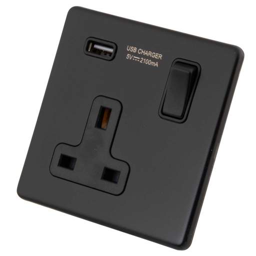 M2 Decorative Screwless 13A 1 Gang Switched Socket with 2.1A USB Outlet Black Insert Painted Matt Black