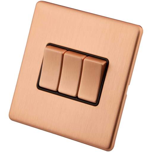 M2 Decorative Screwless 10A 3 Gang 2 Way Light Switch Black Insert Copper