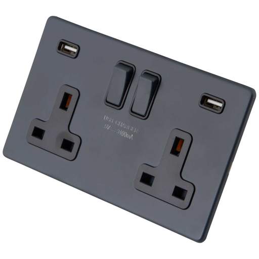 M2 Decorative Screwless 13A 2 Gang Switched Socket Twin USB Black Insert Granite Blue