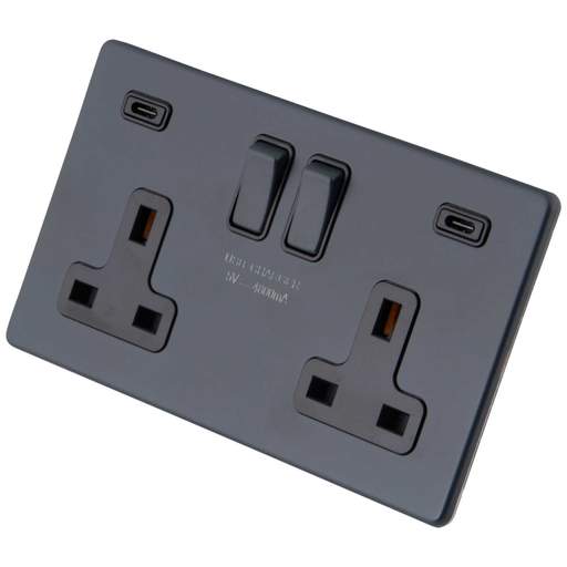 M2 Decorative Screwless 13A 2 Gang Switched Socket with 2 x Type C USB Outlets Black Insert Granite Blue