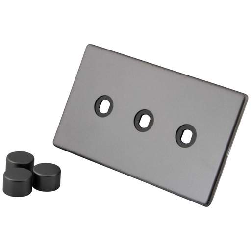 M2 Decorative Screwless 3 Gang Unfurnished Dimmer Plate and Knobs Gunmetal