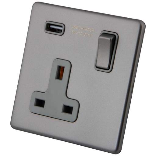 M2 Decorative Screwless 13A 1 Gang Switched Socket with 2.1A USB Outlet Grey Insert Gunmetal