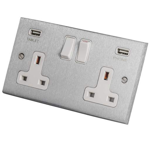 Heritage Brass 13A 2 Gang Switched Socket with Twin USB Outlets White Insert Satin Chrome