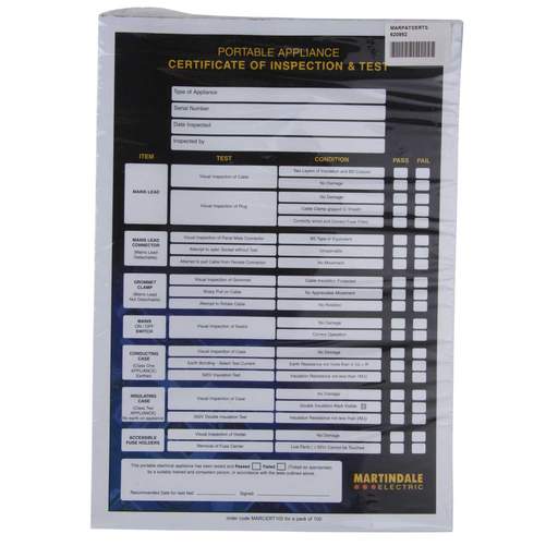 Martindale PAT Testing Inspection and Test Certificates