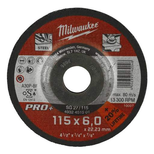 Milwaukee Metal Grinding Discs Pro+ 115 x 6 x 22mm (Sold in 1's)