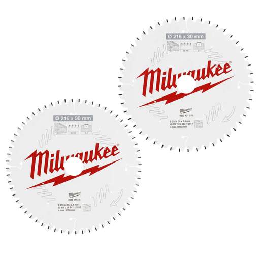 Milwaukee 216mm Wood Mitre Saw Blade 48T/60T (Pack of 2)
