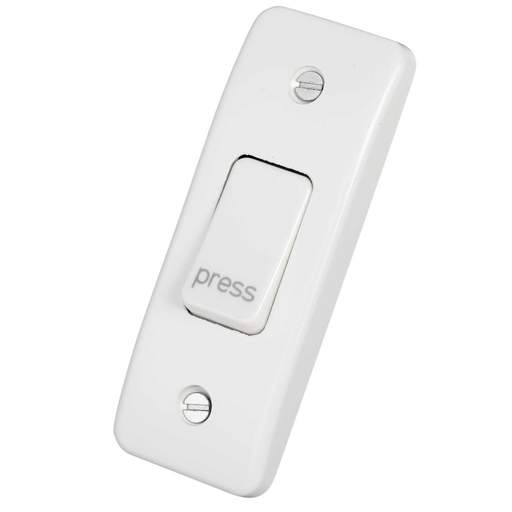 MK Logic Plus 10A SP 1 Gang 2 Way Architrave Switch Marked Press White