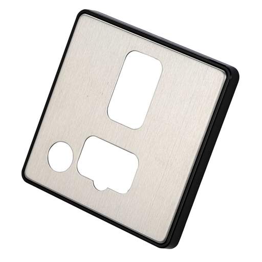 MK Dimensions Switched Fused Spur Flex Outlet Front Plate Black Trim Brushed Stainless Steel