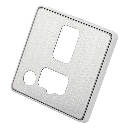 MK Dimensions Switched Fused Spur Flex Outlet Front Plate White Trim Brushed Stainless Steel