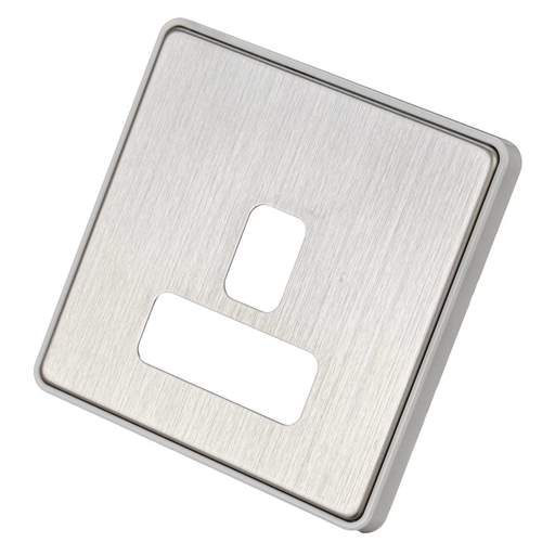 MK Dimensions 1 Gang Unswitched Socket Front Plate White Trim Brushed Stainless Steel