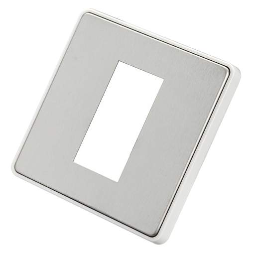 MK Dimensions 1 Gang 1 Euro Module Front Plate White Trim Brushed Stainless Steel