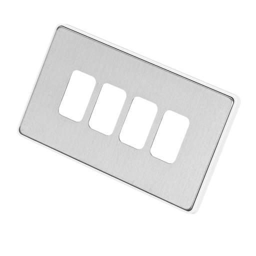 MK Dimensions 4 Gang Grid Front Plate White Trim Brushed Stainless Steel