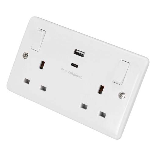 Knightsbridge 13A 2 Gang Switched Socket with Dual USB Outlets and Outboard Rockers White