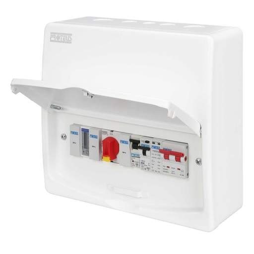 Proteus 100A PV Consumer Unit, 45A Meter, 32A Rotary Isolator, 32A RCBO and Type 2 SPD