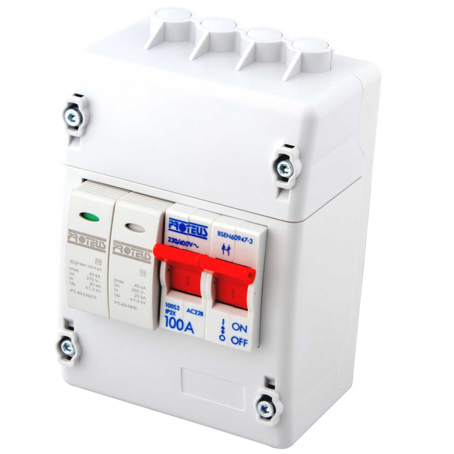 Proteus 100A DP Electricity Meter Isolator Switch with T2 Surge