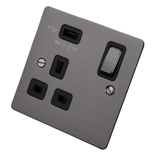 Scolmore Click Define 13A 1 Gang Switched Socket with 2.1A USB Outlet Black Insert Black Nickel