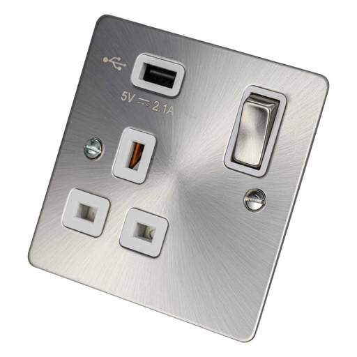 Scolmore Click Define 13A 1 Gang Switched Socket with USB Outlet White Insert Brushed Steel