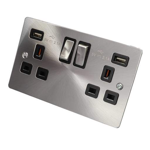 Scolmore Click Define 13A 2 Gang Switched Socket with Twin 2.1A USB Outlets Black Insert Brushed Steel