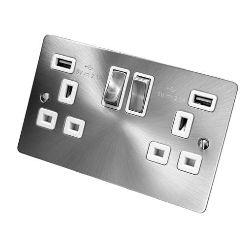 Scolmore Click Define 13A 2 Gang Switched Socket with Twin 2.1A USB Outlets White Insert Brushed Steel